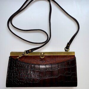 Vintage Buxton Convertible Clutch Croc, Leather, Dark Brown and Gold